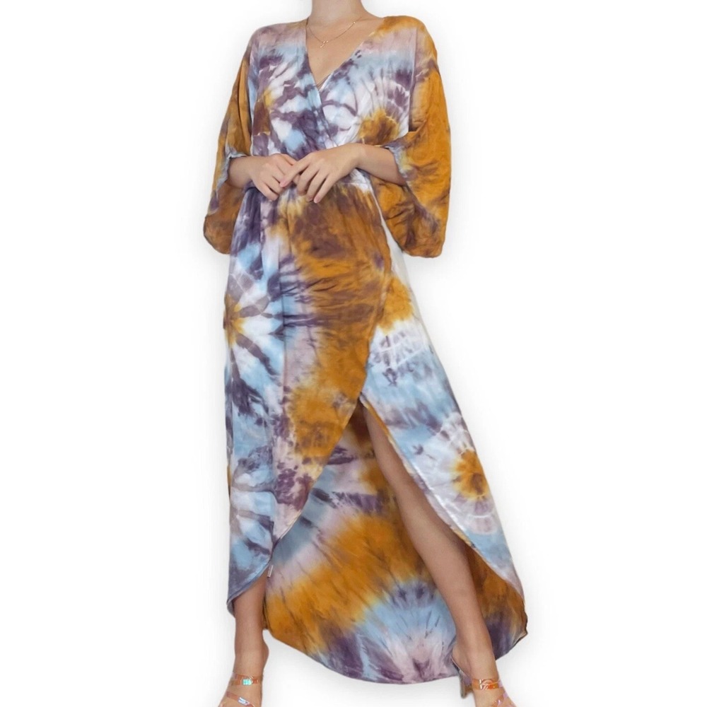 Young Fabulous & Broke Small Tie Dye Maxi Dress Purple Orange V-Neck Wrap
